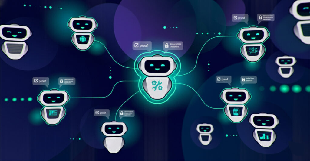 An interconnected network of AI agent icons on a dark background, featuring glowing data verification and security symbols to illustrate multi-agent coordination.