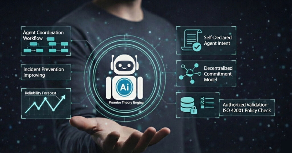 Promise theory : A man holds out his hand as a glowing AI interface with performance metrics—like RPI Score, MTTR reduced, and reliability forecast—floats above his palm against a dark, high-tech background.